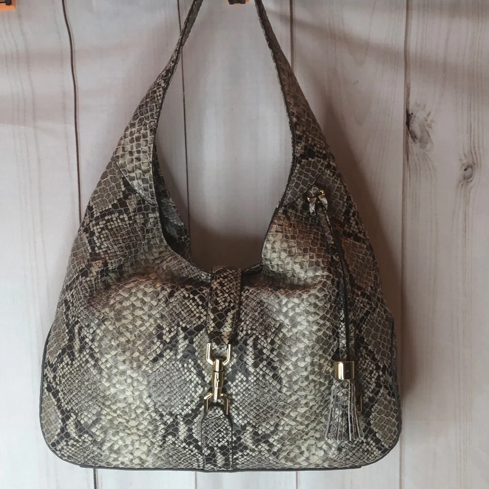 NWOT G.I.L.I. Soft Leather Python Print Large Hobo Shoulder Bag with Tassel